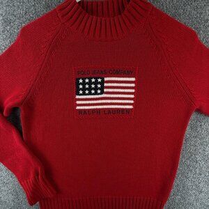 Ralph Lauren Women Flag Sweater Mock Neck Red Cotton Knit Medium Pullover Logo